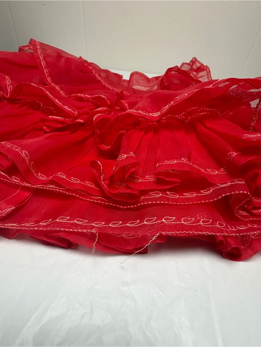 Vintage Handmade Baby Girls Red Tiered Ruffle Dress Tulle White Stitching  There